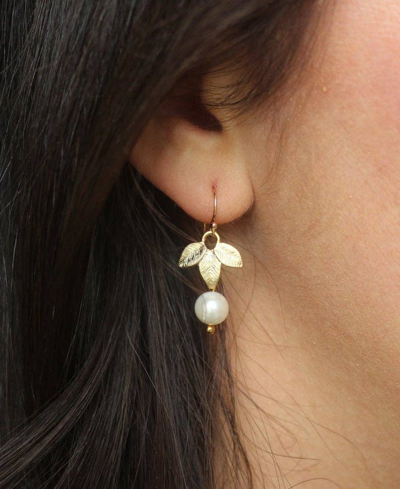 PREORDER: Gold Freshwater Pearl Leaf Earrings