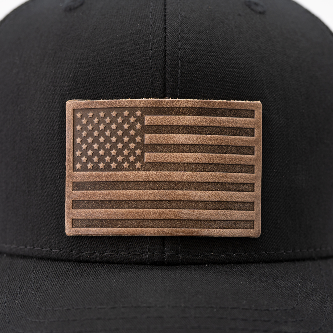 Range American Flag Hat | Real Leather Patch Trucker Hat in Charcoal