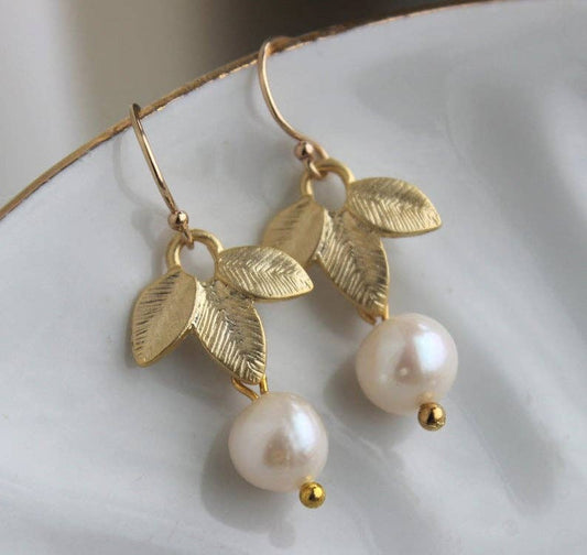 PREORDER: Gold Freshwater Pearl Leaf Earrings