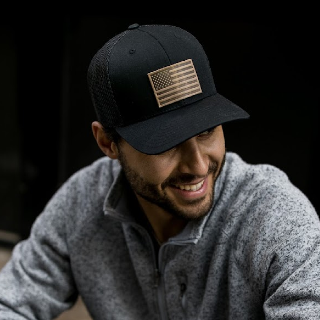 Range American Flag Hat | Real Leather Patch Trucker Hat in Charcoal