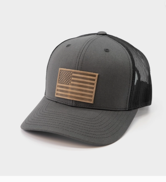 Range American Flag Hat | Real Leather Patch Trucker Hat in Charcoal